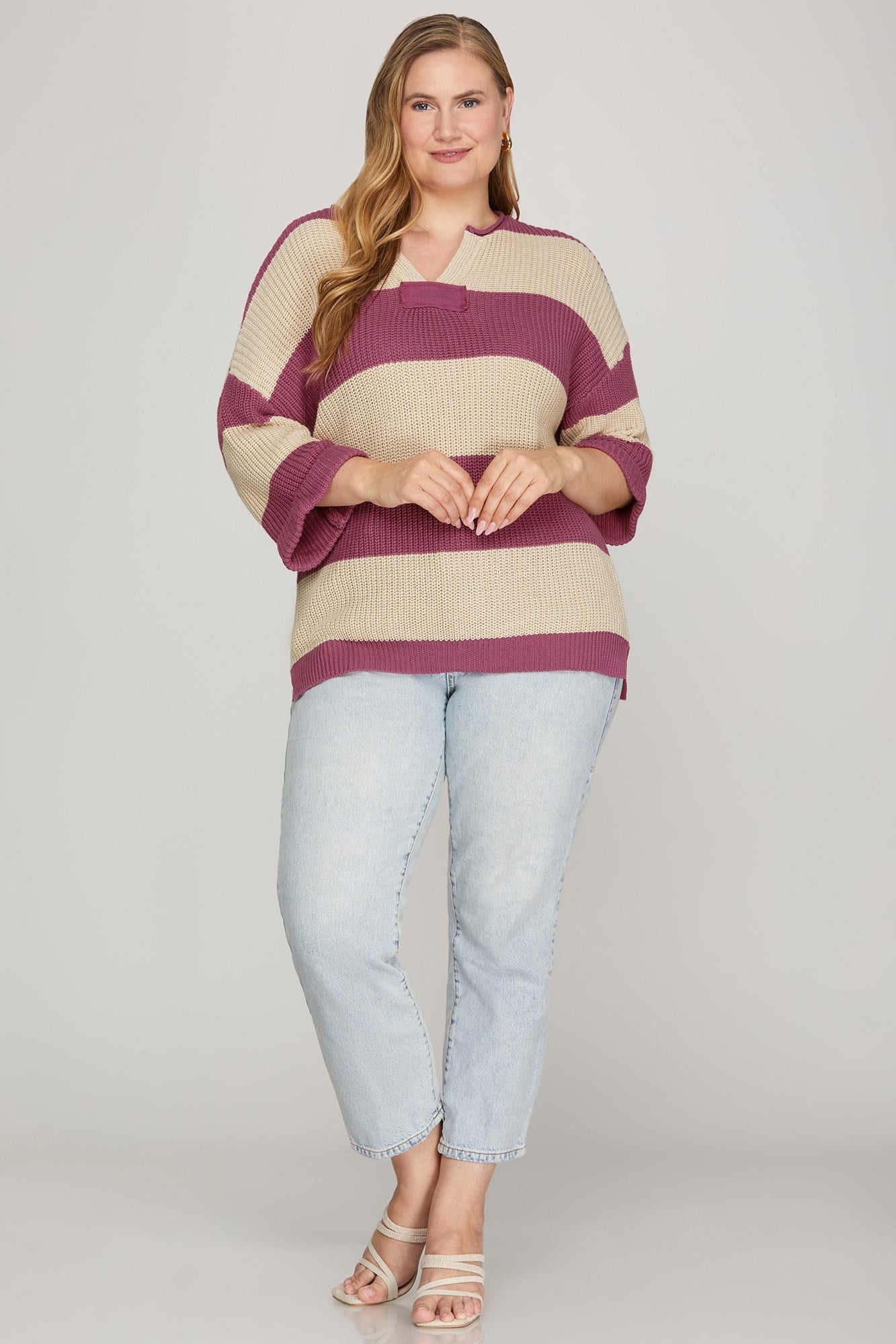 Curvy 3/4 sleeve Striped Sweater