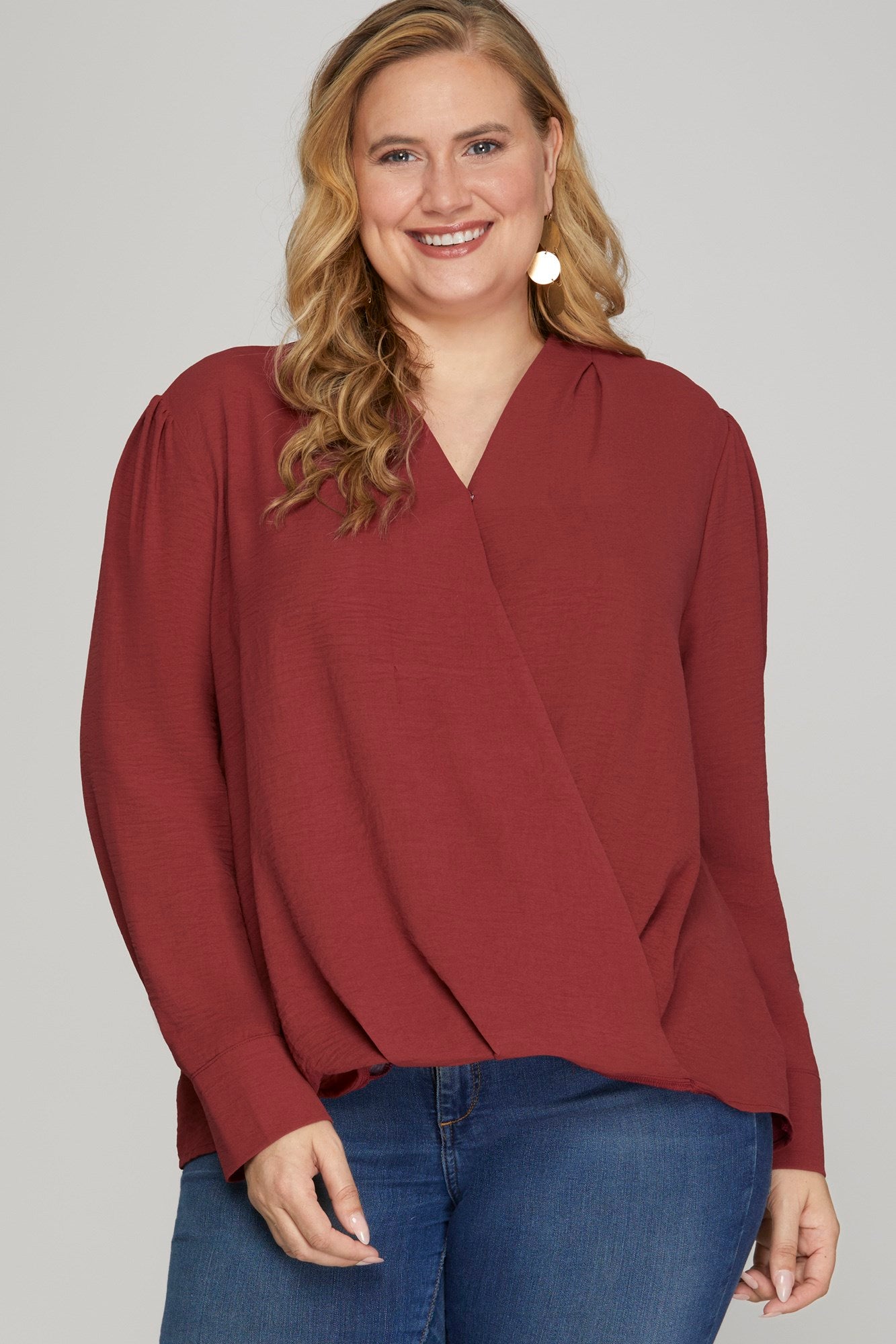 Curvy Long-Sleeve Surplice Woven Top