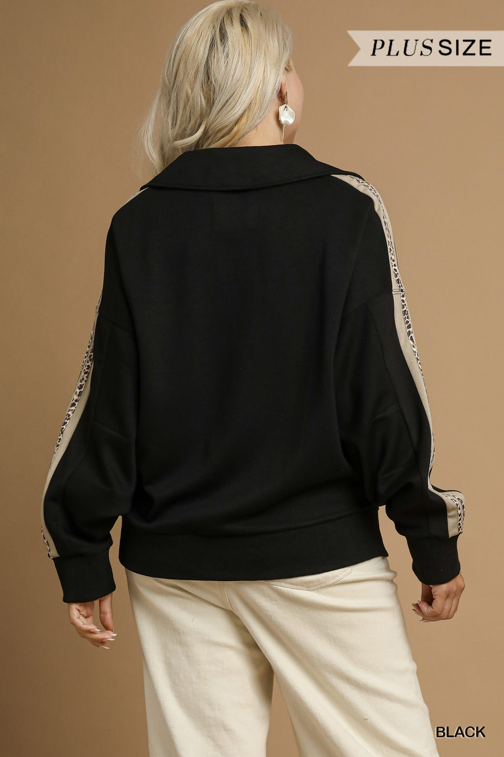 Curvy Luxeknit Pullover Sweatshirt with Leopard Stripe Sleeve