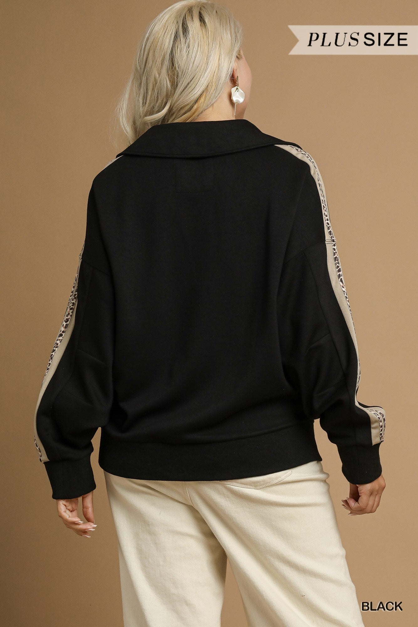 Curvy Luxeknit Pullover Sweatshirt with Leopard Stripe Sleeve