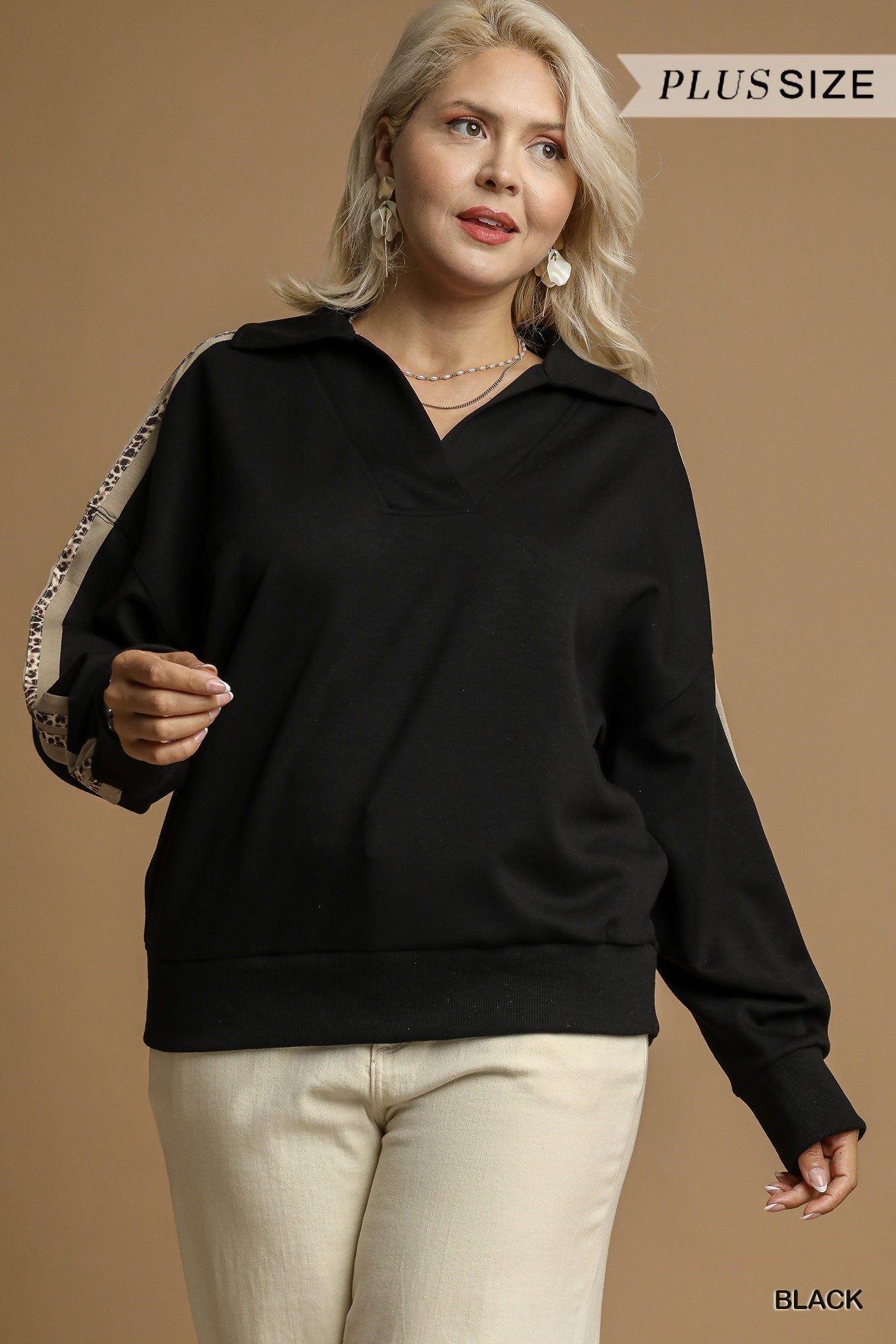 Curvy Luxeknit Pullover Sweatshirt with Leopard Stripe Sleeve