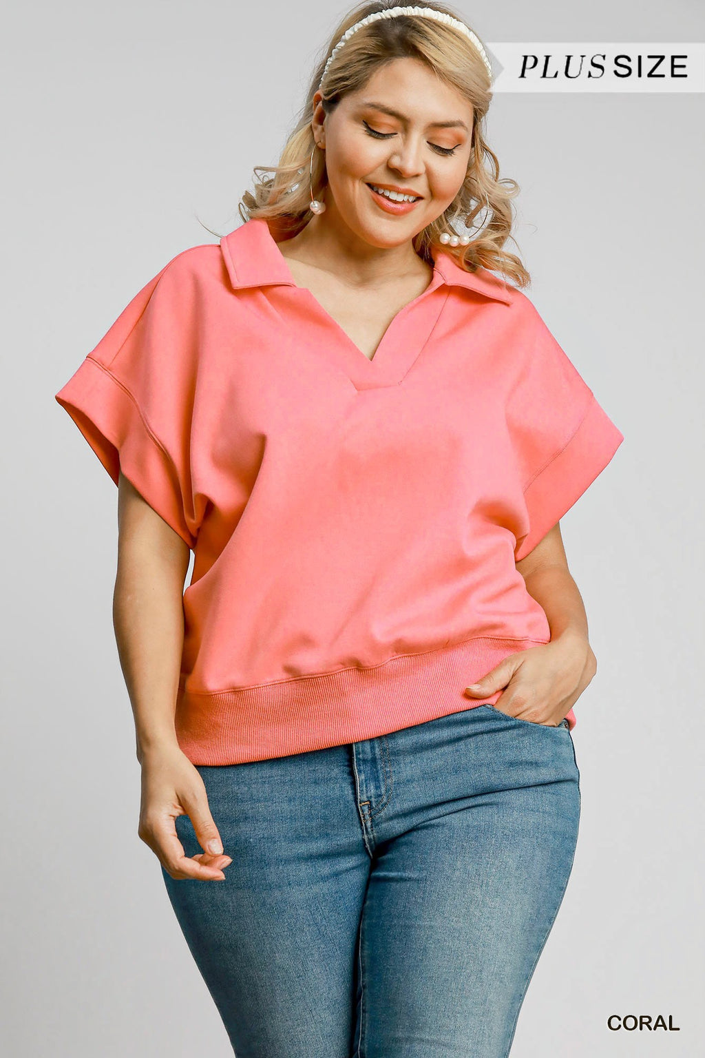 Curvy Scuba Coral Luxe Knit Pullover Short Sleeved Top
