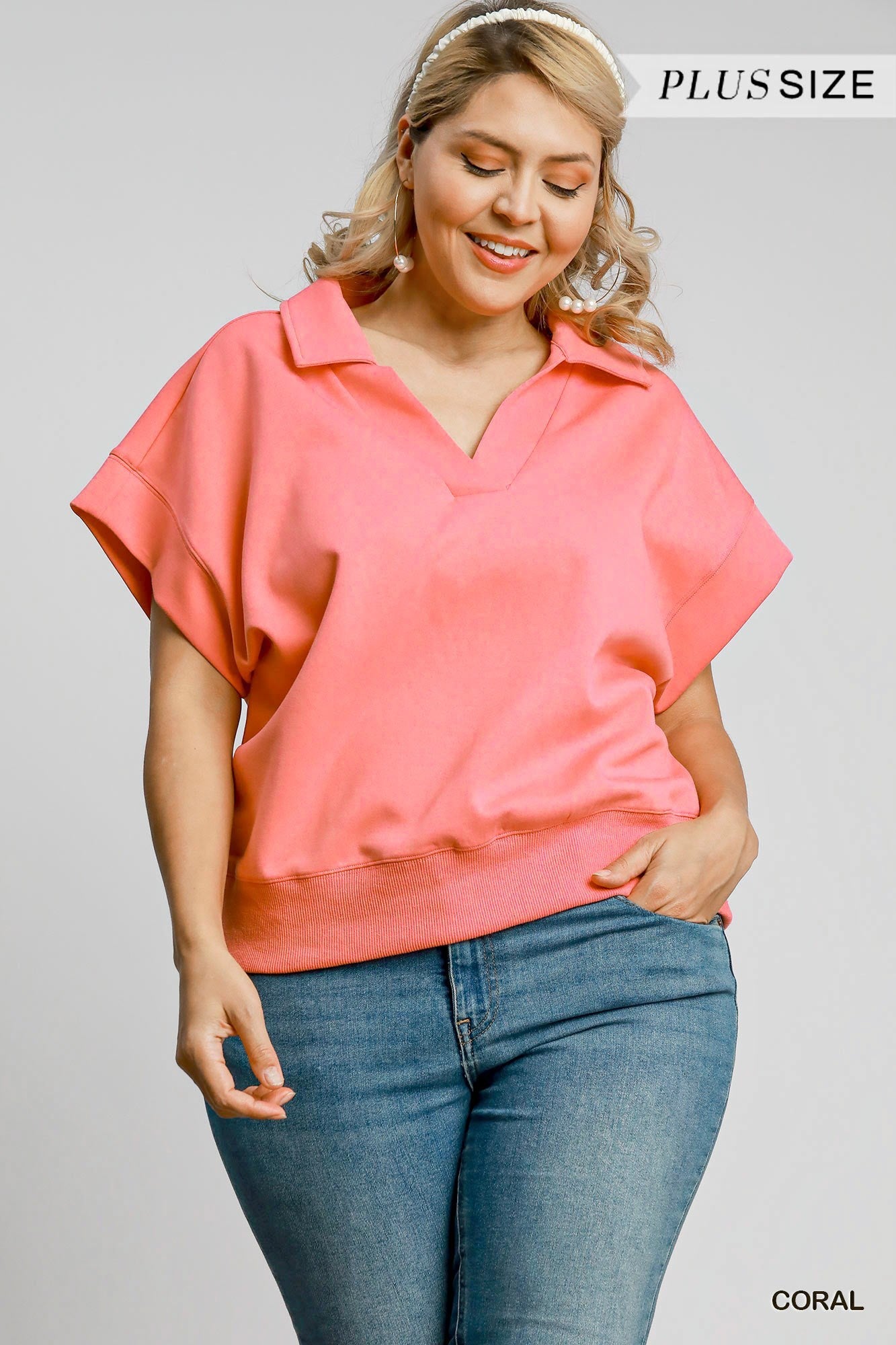 Curvy Scuba Coral Luxe Knit Pullover Short Sleeved Top