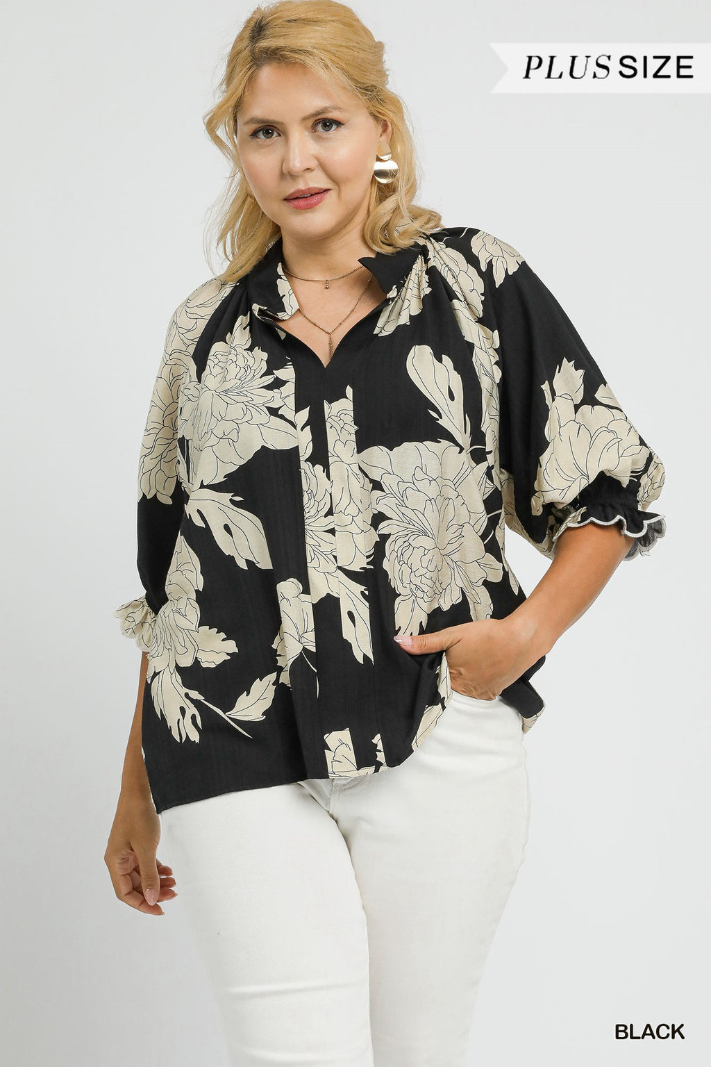 Curvy Peony Print High Neck Top