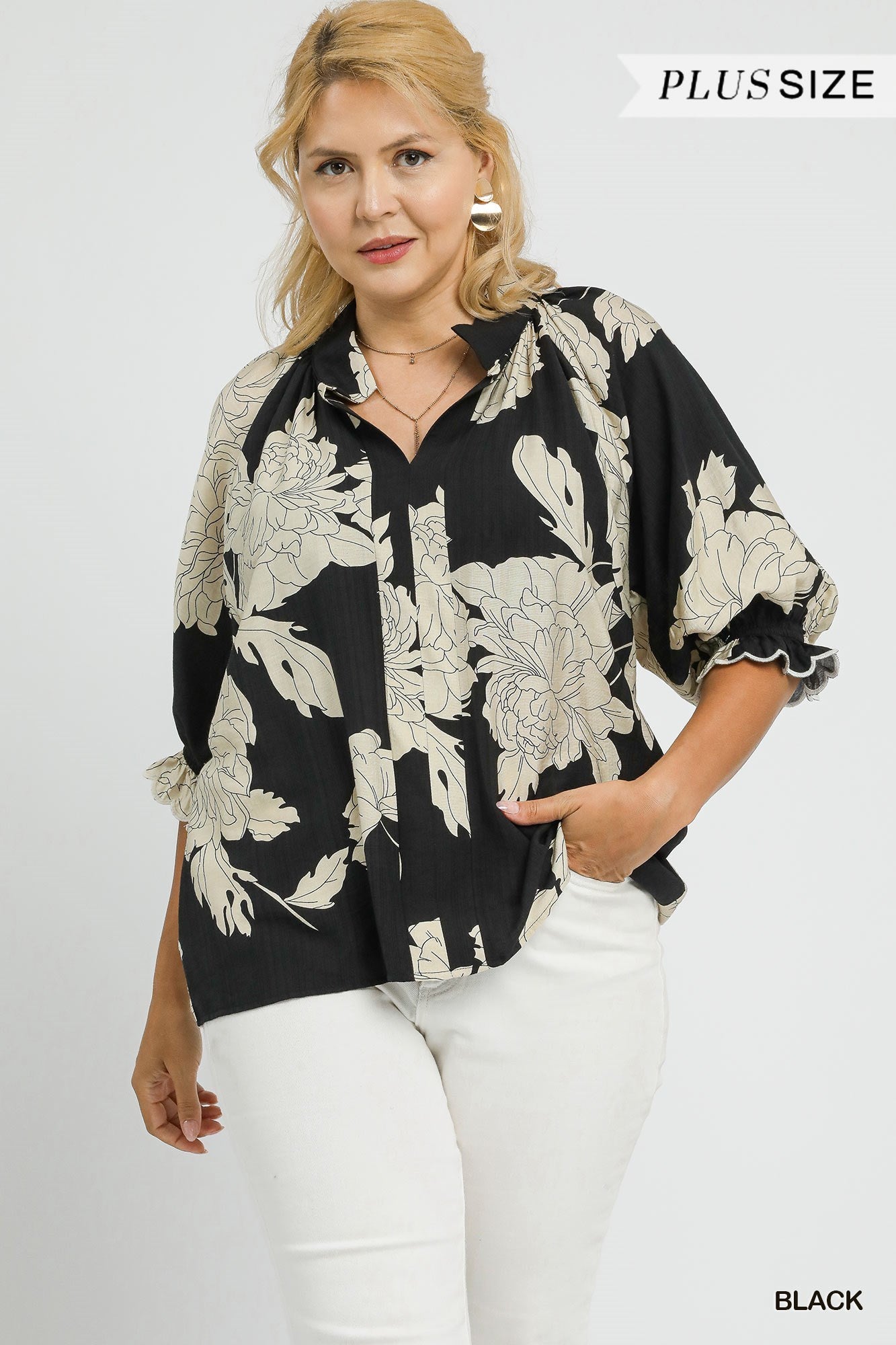 Curvy Peony Print High Neck Top