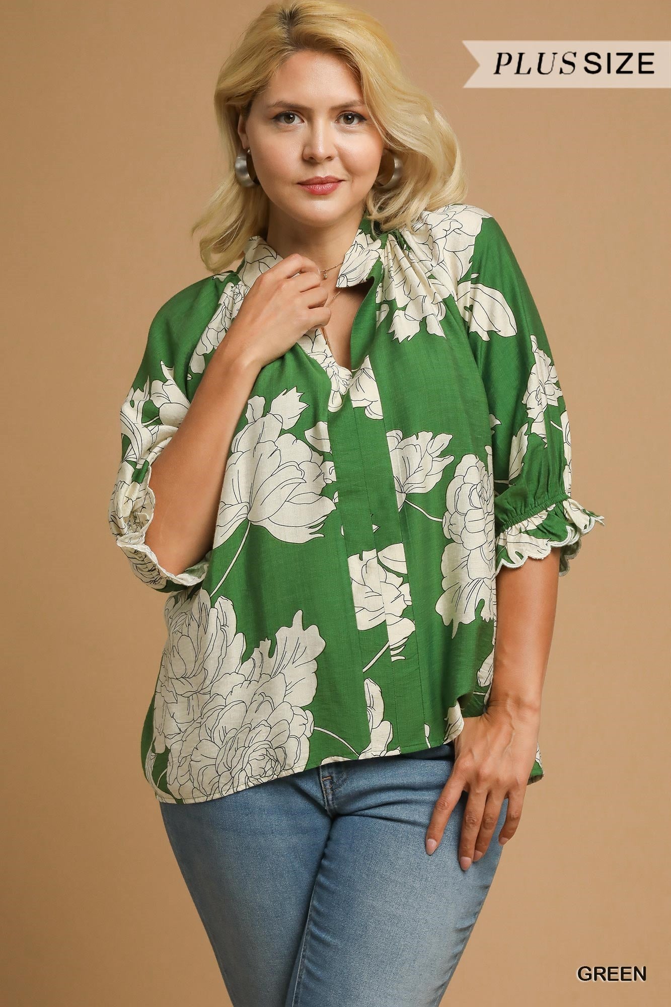 Curvy Peony Print High Neck Top