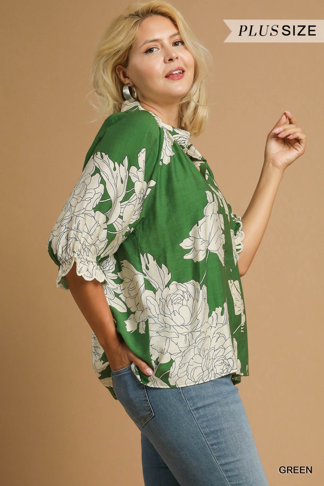 Curvy Peony Print High Neck Top