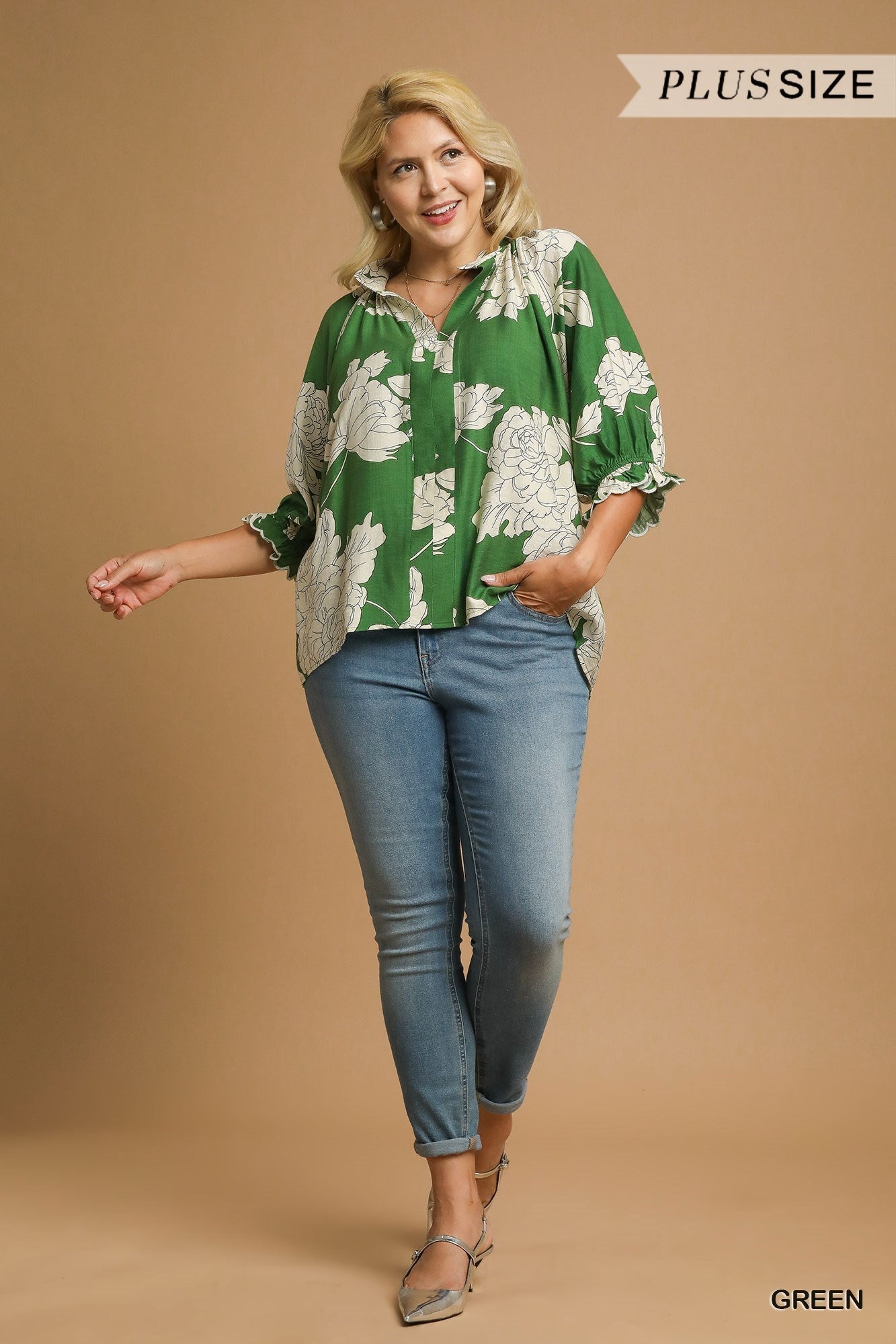 Curvy Peony Print High Neck Top