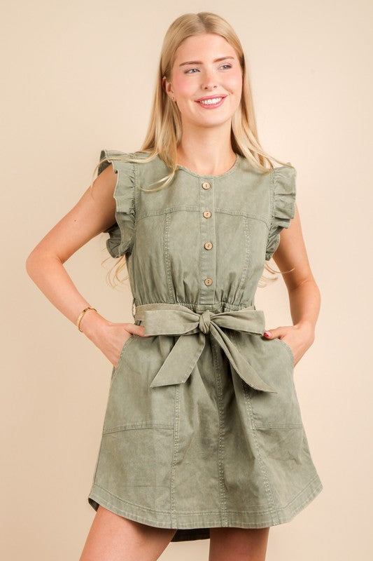 Ruffle sleeve denim dress